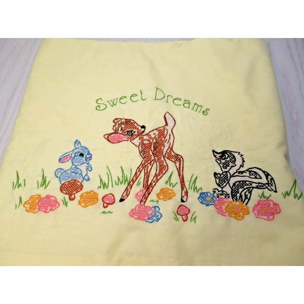 Vintage baby crib sheet coverlet decor hand stitched Bambi‎ Thumper Flower
